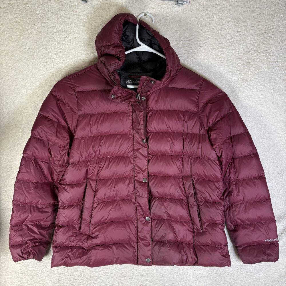 Eddie Bauer Down Jacket Womens XL Red Hooded Quilted Puffer Full Zip